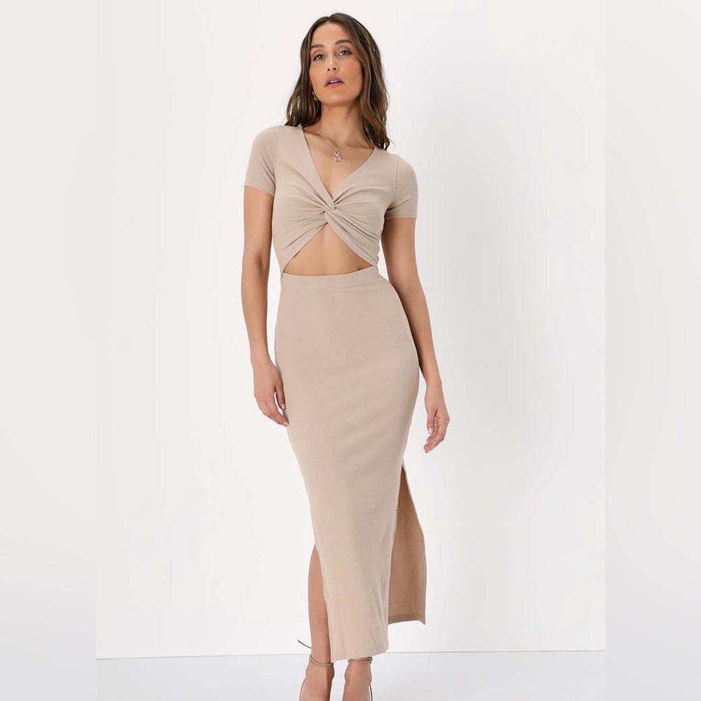 Lulus Beige Twist-Front Midi Dress | NWT | XS